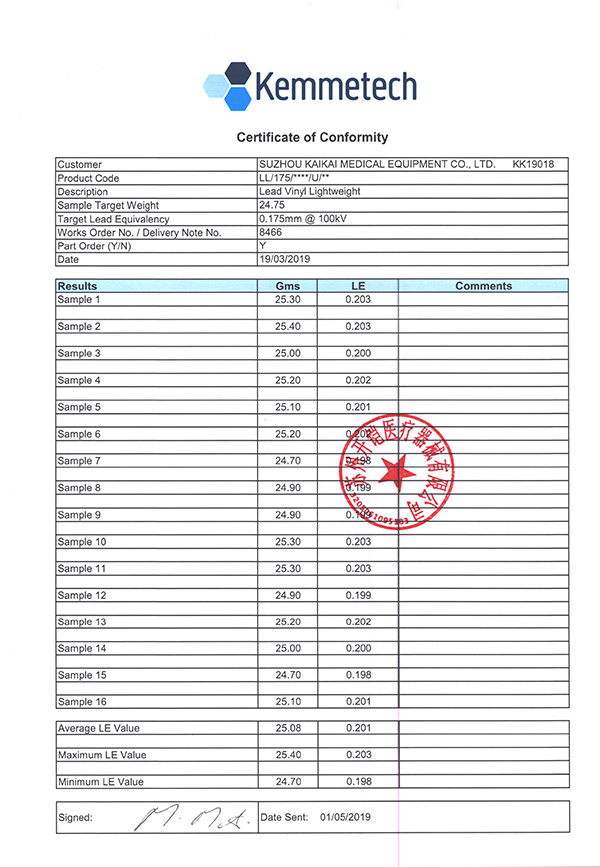 進口輕鉛防護材料檢測報告0.175